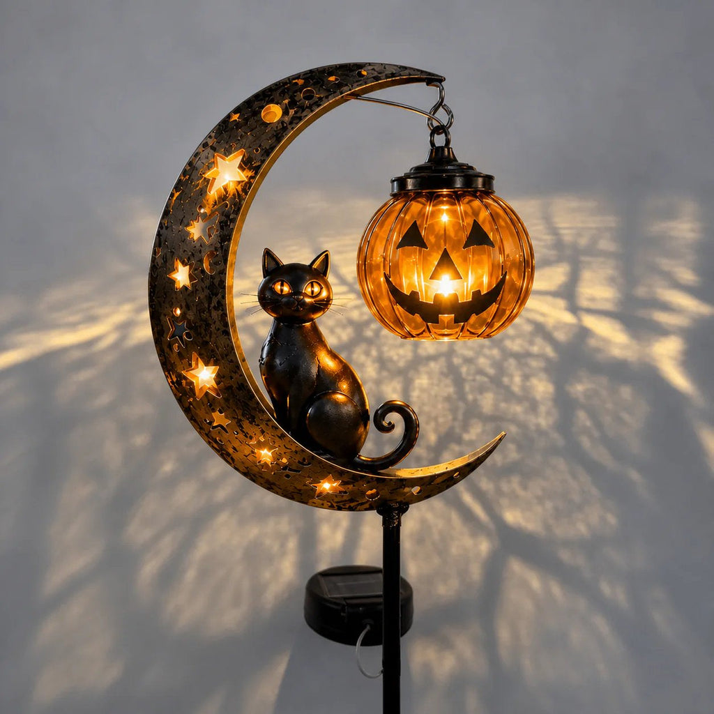 Solar Pumpkin Moon Garden Stake Light with Black Cat Halloween Decor