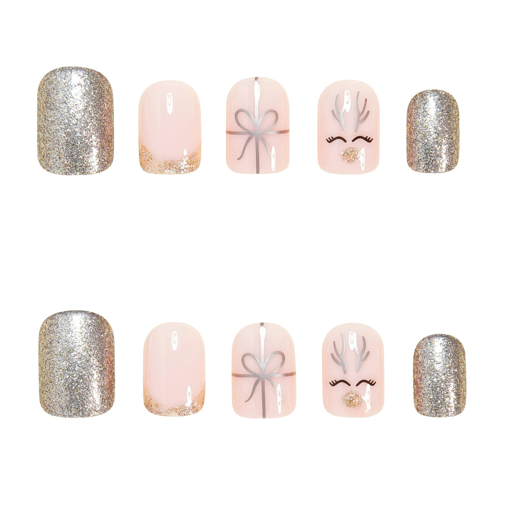 Christmas Short Square Press On Nails – Gold Bow & Reindeer Design