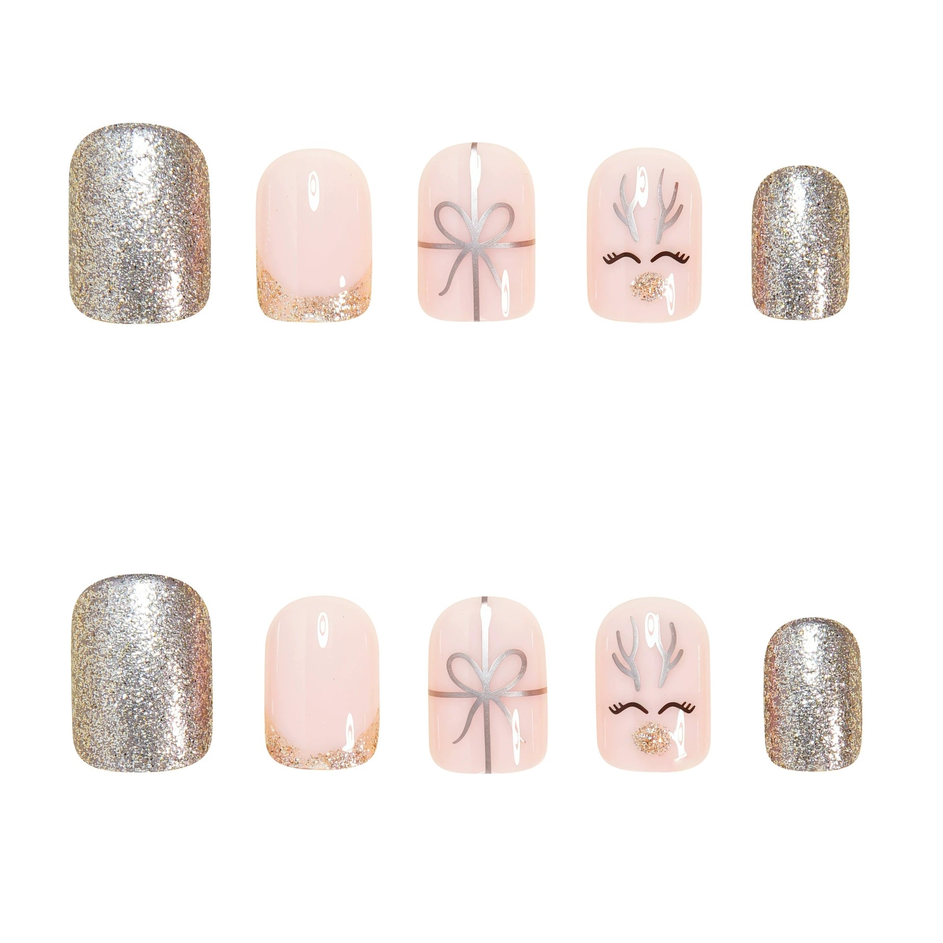 Christmas Short Square Press On Nails – Gold Bow & Reindeer Design
