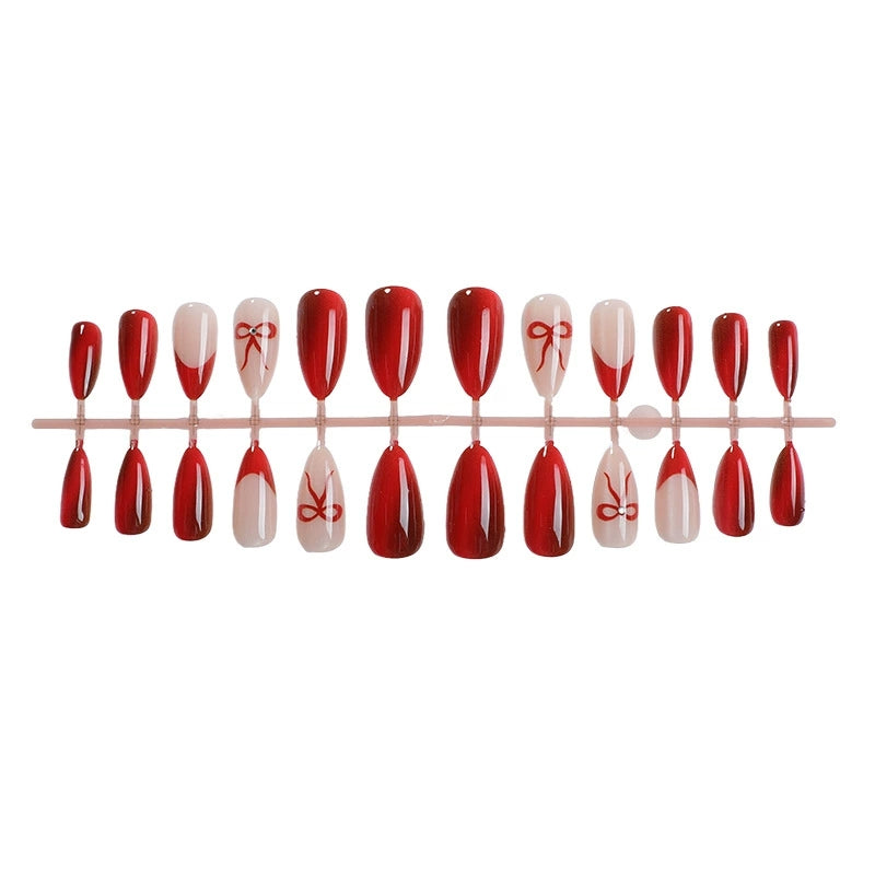 Red Cat Eye Press-On Nails – Short Almond French Tip Bow Design, 24PCS