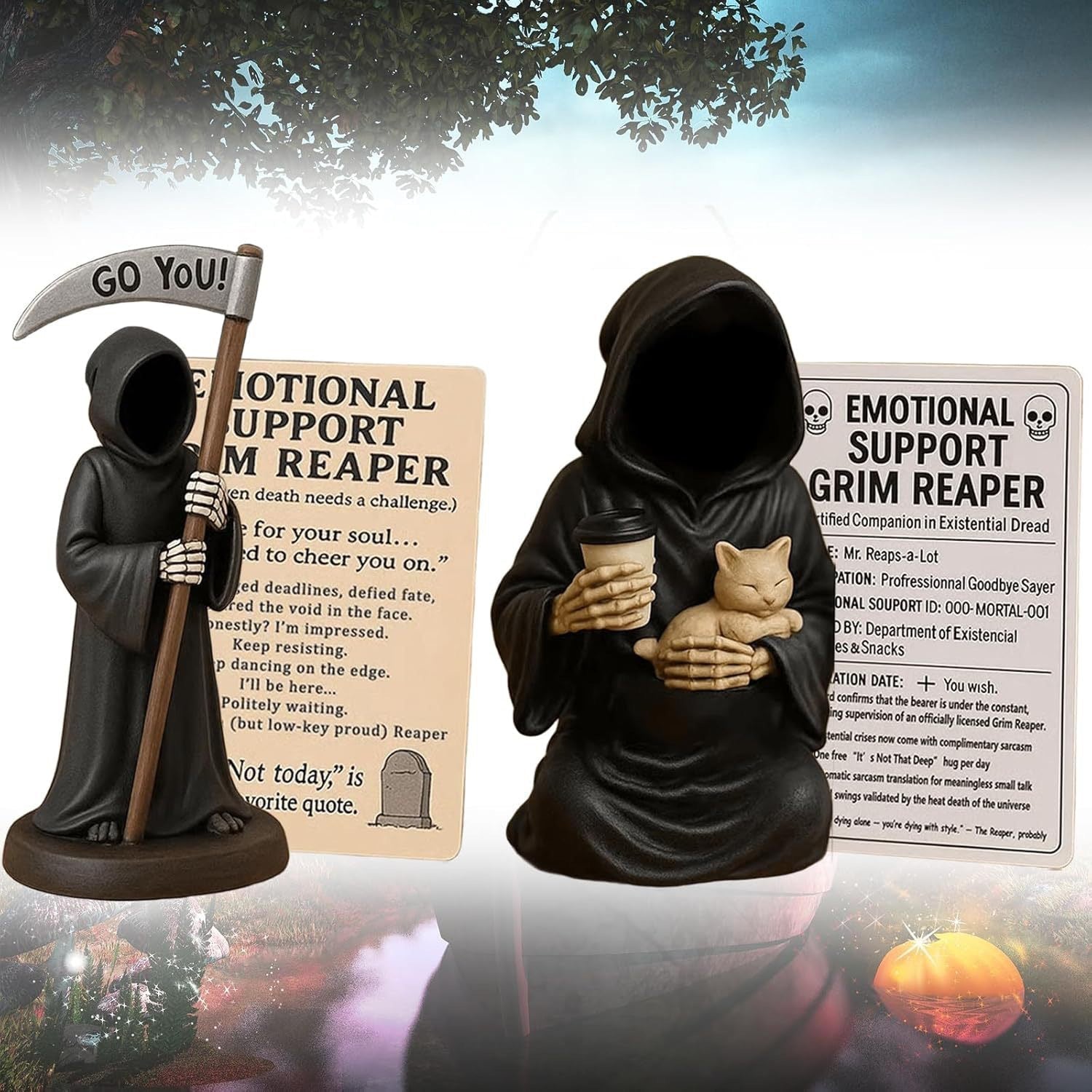 Grim Reaper Cat Figurine - Gothic Resin Desk Decor & Cat Lover Gift