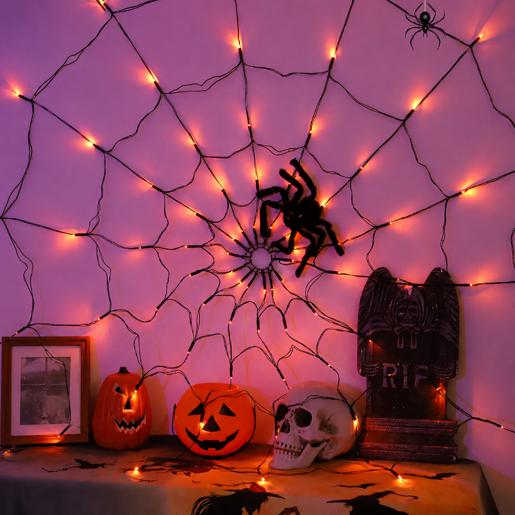 Halloween Spider Web Lights, LED Lighted Spider Web Decoration for Halloween Decor