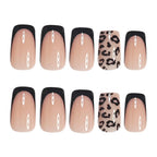 Black French Tip Leopard Print Press-On Nails – 24-Piece Short Square Set
