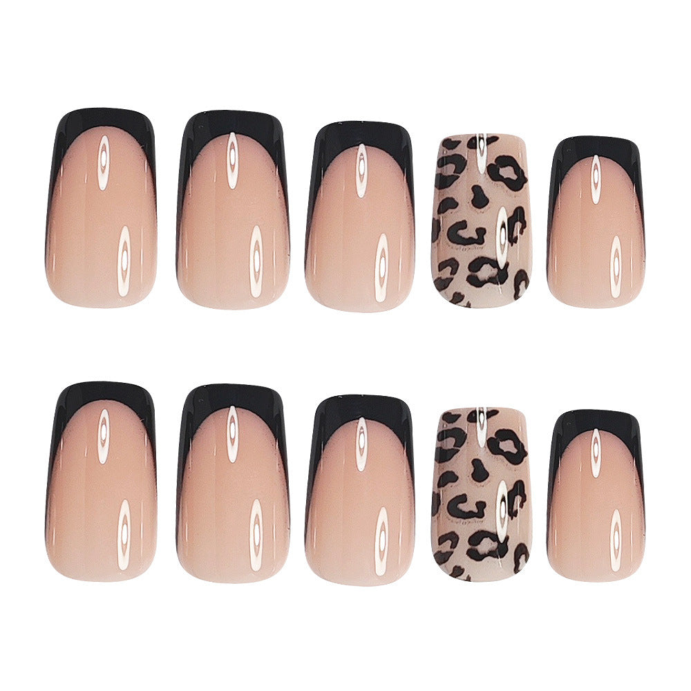 Black French Tip Leopard Print Press-On Nails – 24-Piece Short Square Set