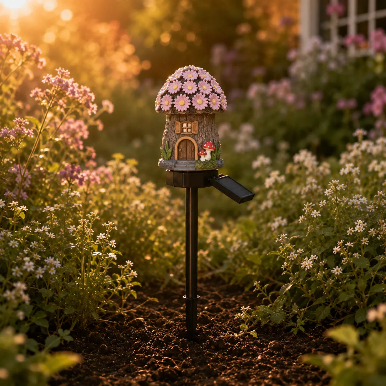 Solar Fairy Cottage Garden Stake Light with Warm LED & Hand-Sculpted Resin