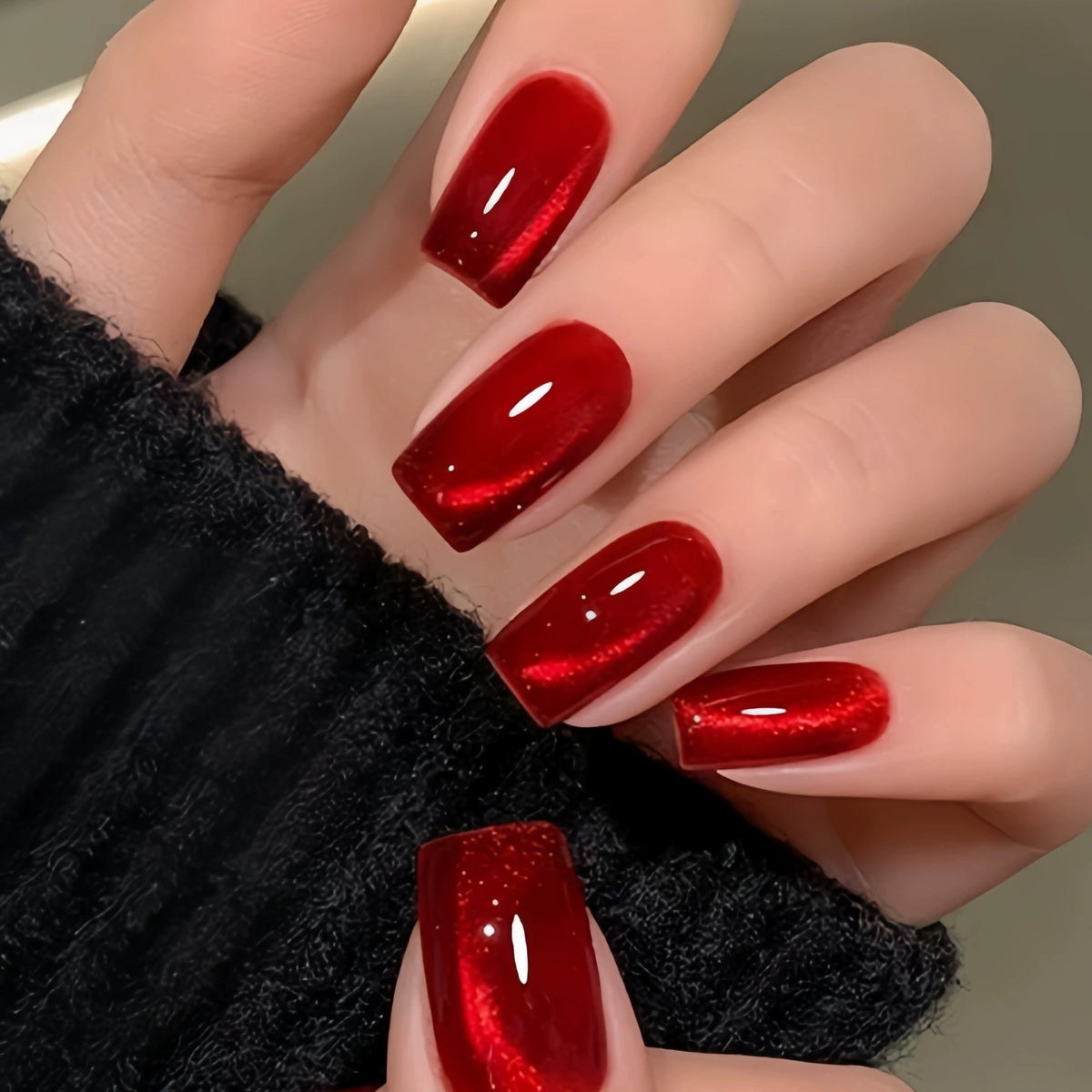 Ruby Red Cat Eye Square Press On Nails | Medium Short | 24 Count