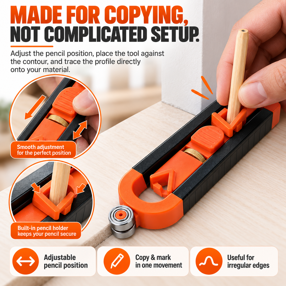 Contour Gauge Scribe Tool with Adjustable Pencil Holder
