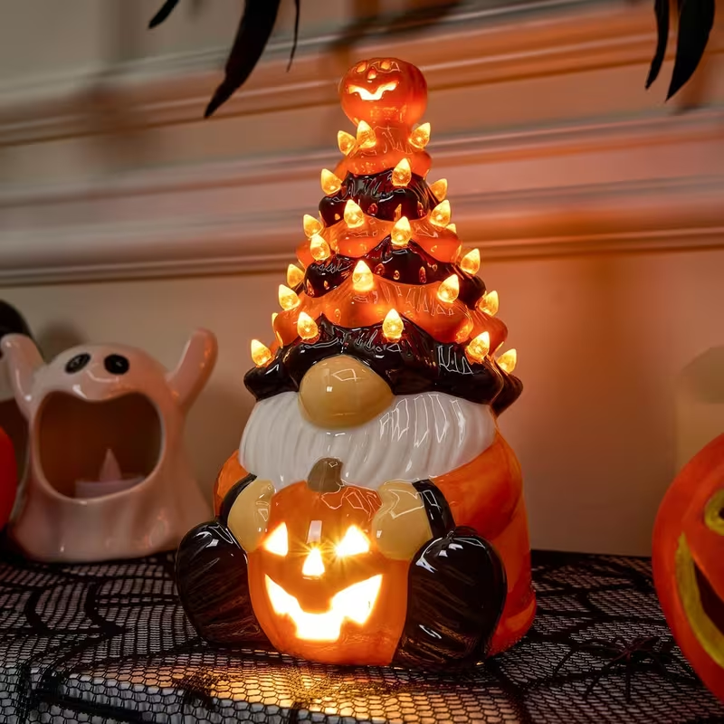 Lighted Halloween Resin Tree, Pumpkin Gnome Tabletop Decor