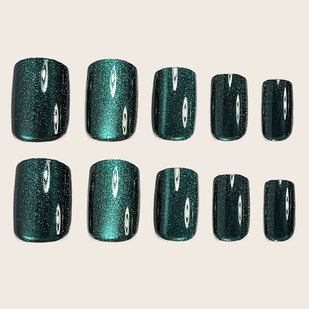 Dark Green Cat Eye Press On Nails – Short Square Glossy Design