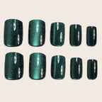 Dark Green Cat Eye Press On Nails – Short Square Glossy Design