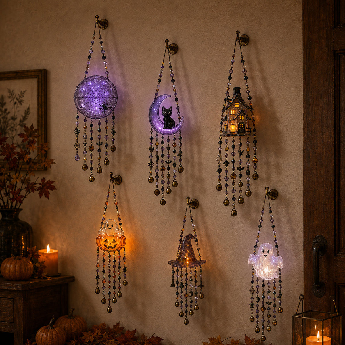 Lighted Halloween Beaded Wind Chime Collection
