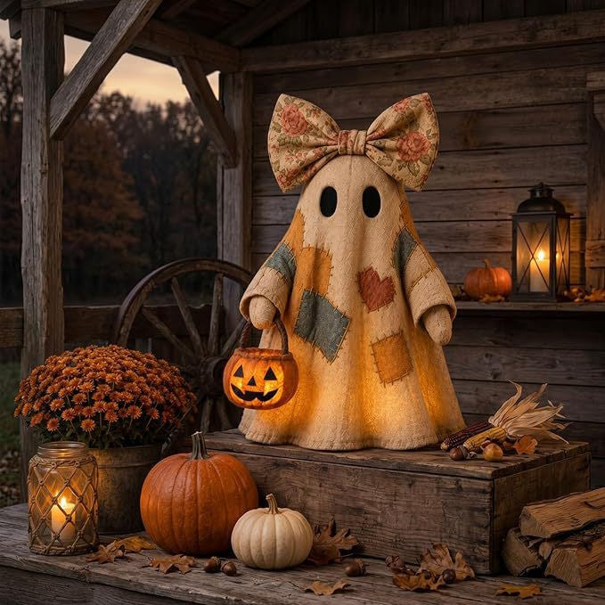 Patchwork Ghost Halloween Decoration, Resin Figurine Tabletop Decor