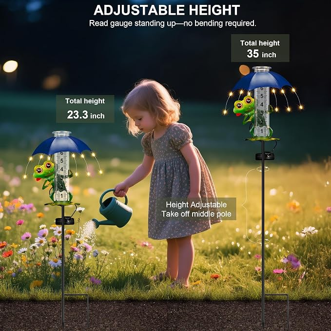 Rain Gauge Outdoor - Frog Rain Gauge with LED Solar Lights, Metal Water Gauge for Yard Garden Decor