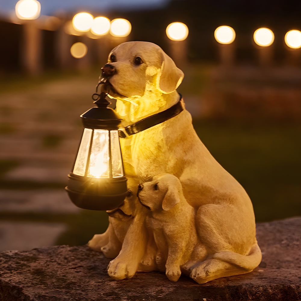 Resin Dog Statue with Solar Lantern, Outdoor Garden Decor Light