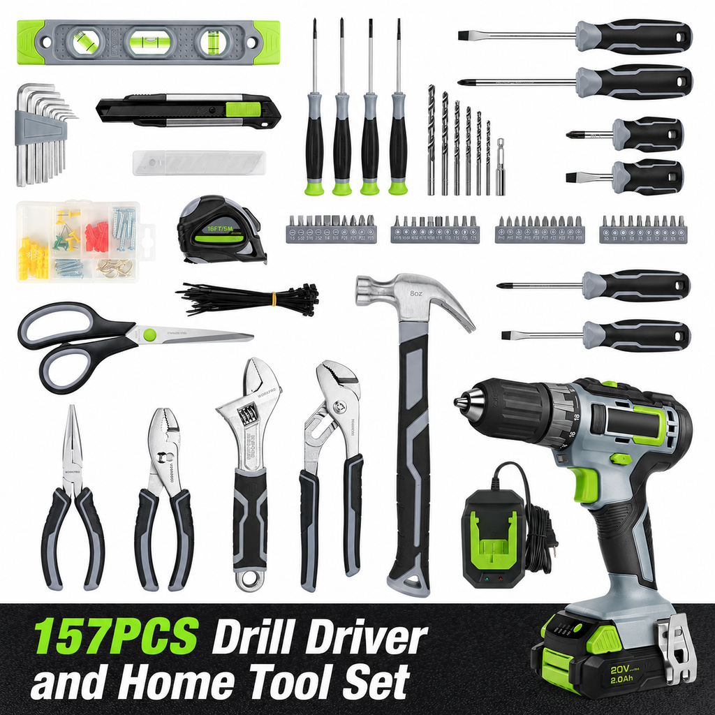 157 Pcs Household Tool Kit with 20V Cordless Lithium-ion Drill Driver