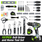 157 Pcs Household Tool Kit with 20V Cordless Lithium-ion Drill Driver
