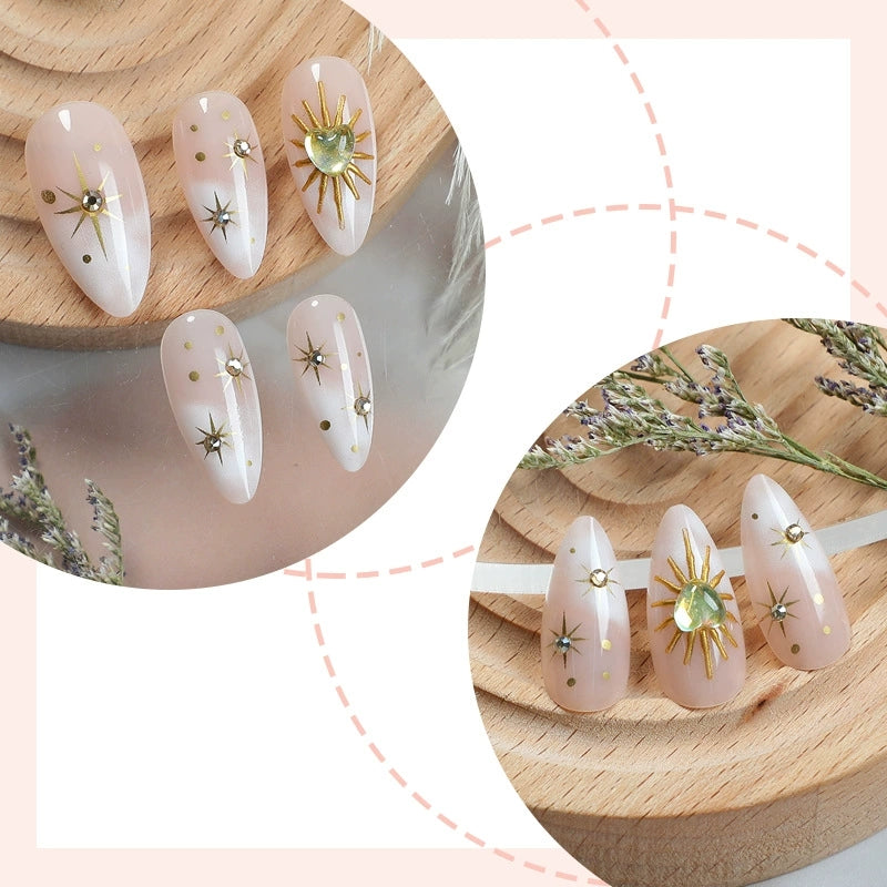 Celestial Almond Press On Nails – Gold Sun & Star French Design