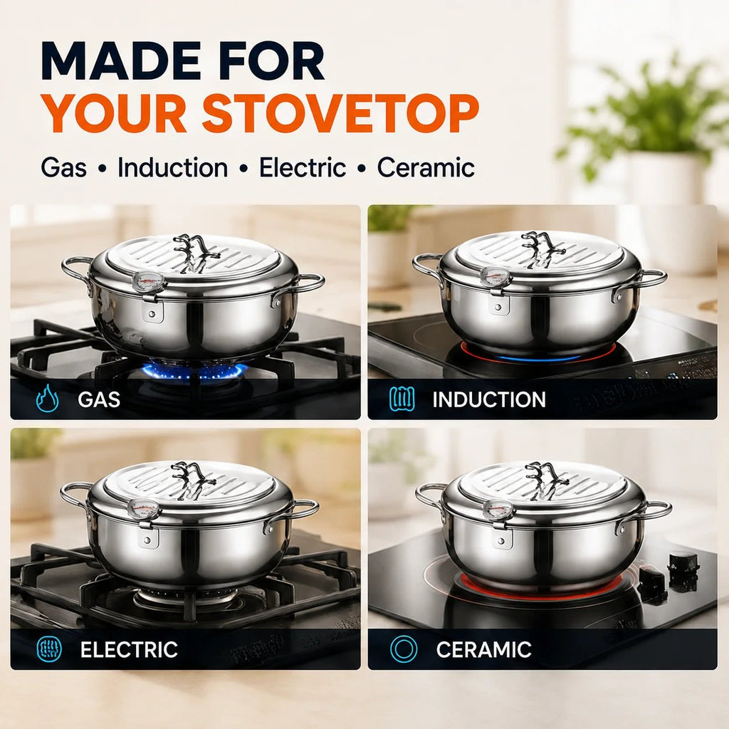 304 Stainless Steel Deep Fryer Pot with Thermometer & Drain Rack