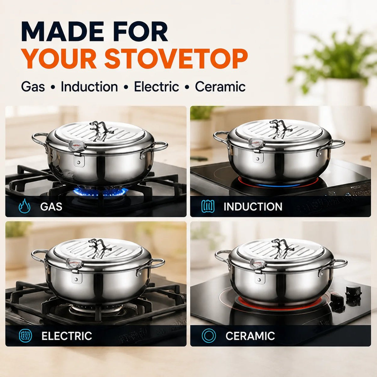 304 Stainless Steel Deep Fryer Pot with Thermometer & Drain Rack