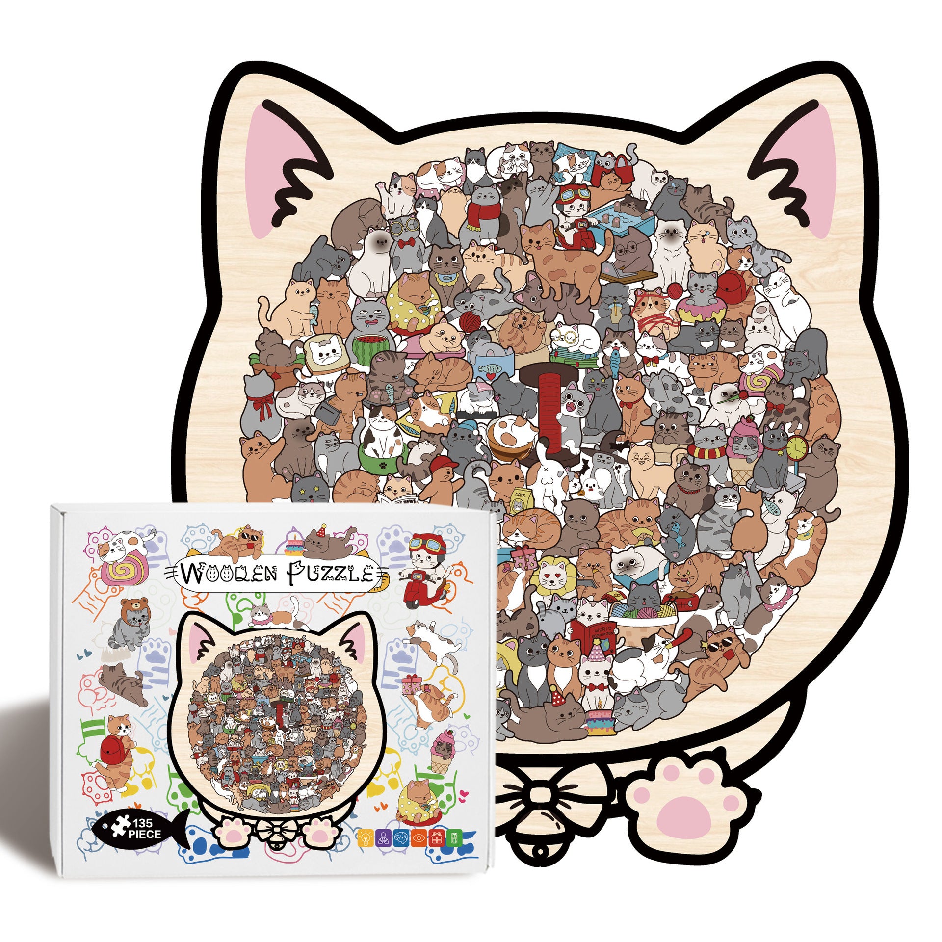 Morandi Colored Cat Shaped Wooden Jigsaw Puzzle