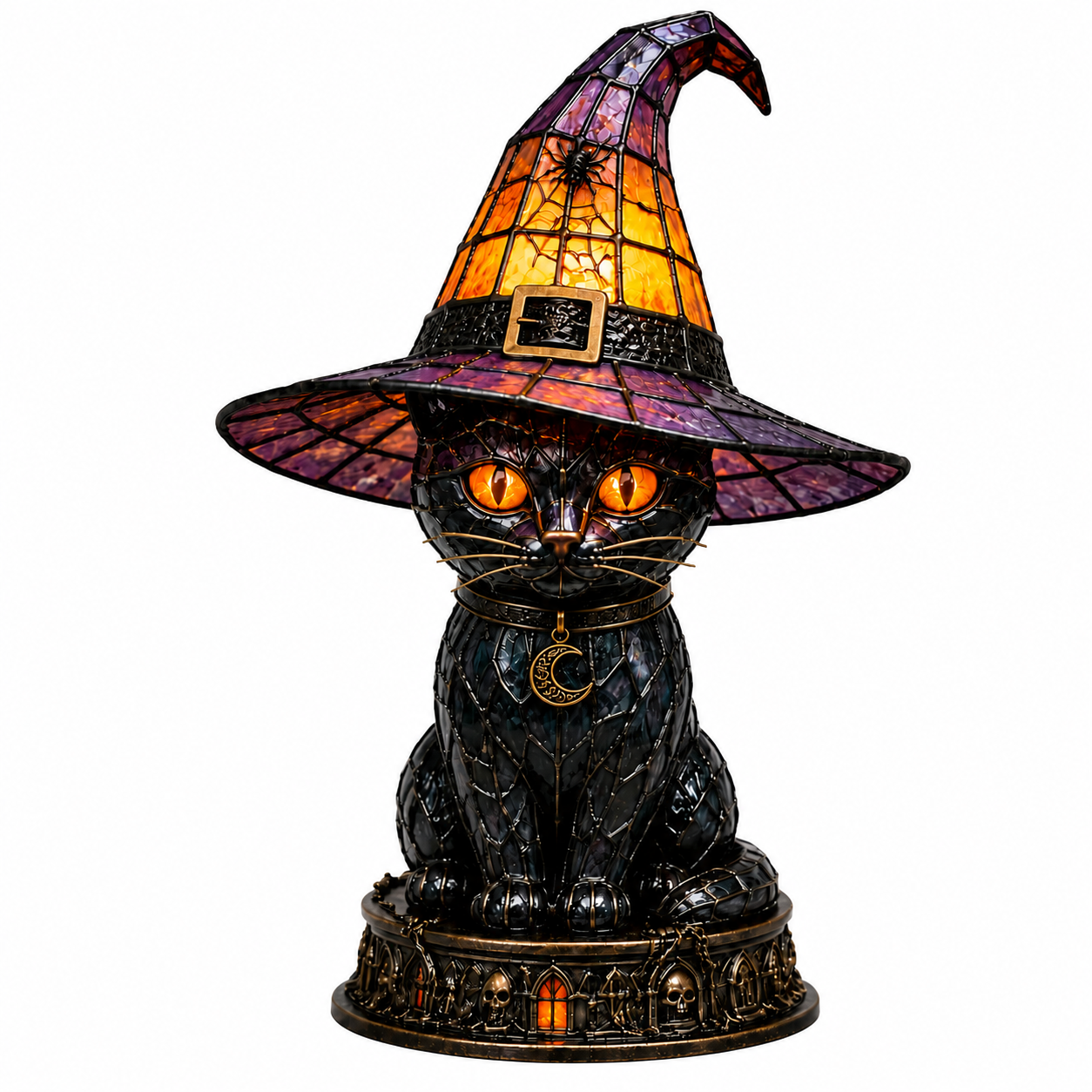 Halloween Gothic Black Cat Witch Hat Lamp, Stained Glass Style Decor