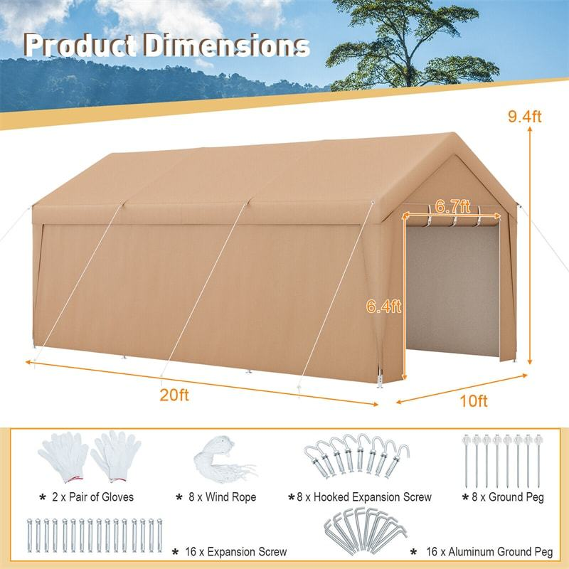 10x20 FT Heavy Duty Carport Canopy with Sidewalls & Doors