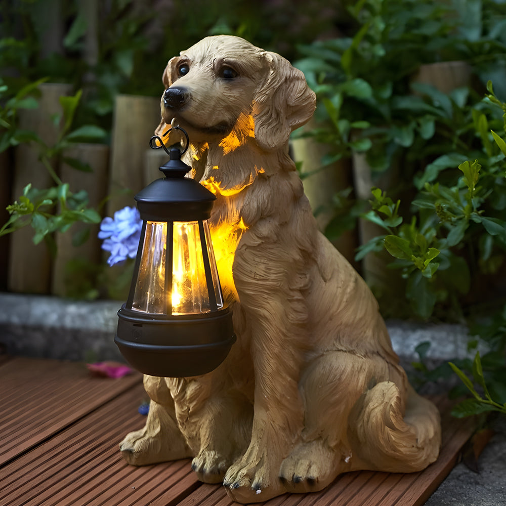 Resin Dog Statue with Solar Lantern, Outdoor Garden Decor Light