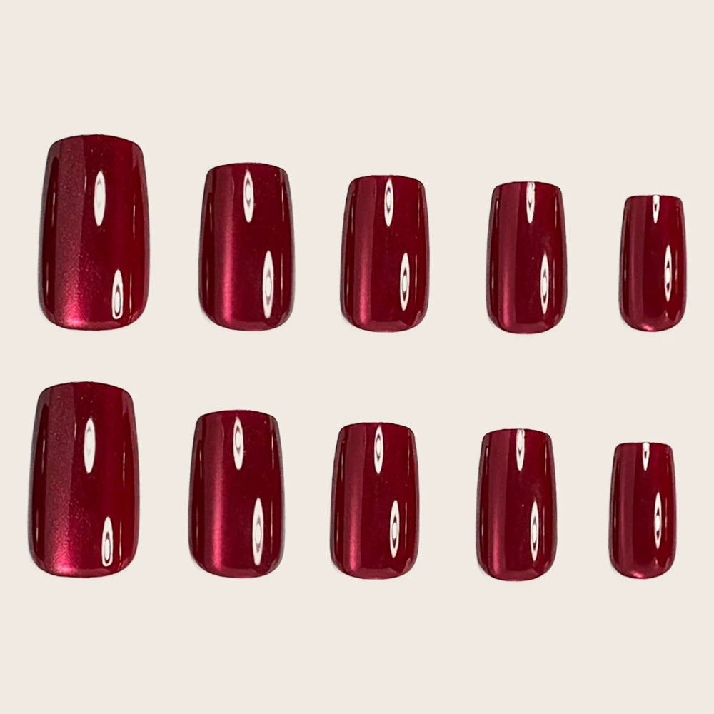 Glossy Wine Red Cat Eye Medium-Short Square Press-On Nails, 24-Pc Kit