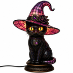 Halloween Gothic Black Cat Witch Hat Lamp, Stained Glass Style Decor