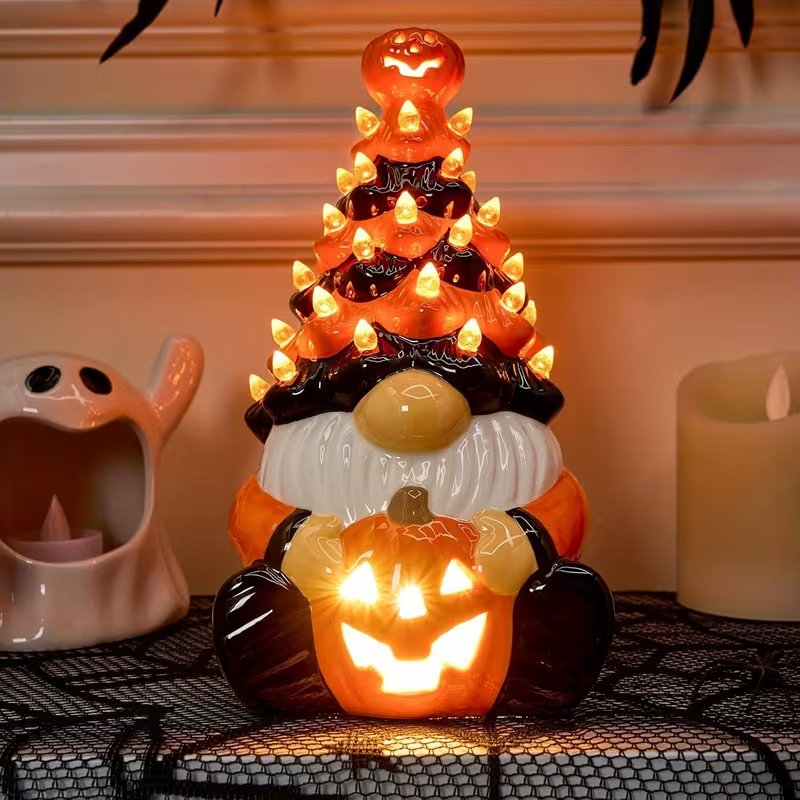Lighted Halloween Resin Tree, Pumpkin Gnome Tabletop Decor