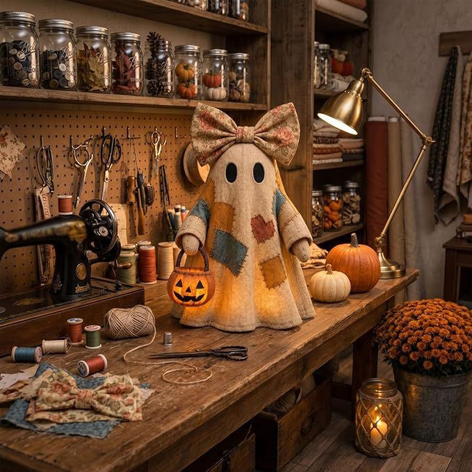 Patchwork Ghost Halloween Decoration, Resin Figurine Tabletop Decor
