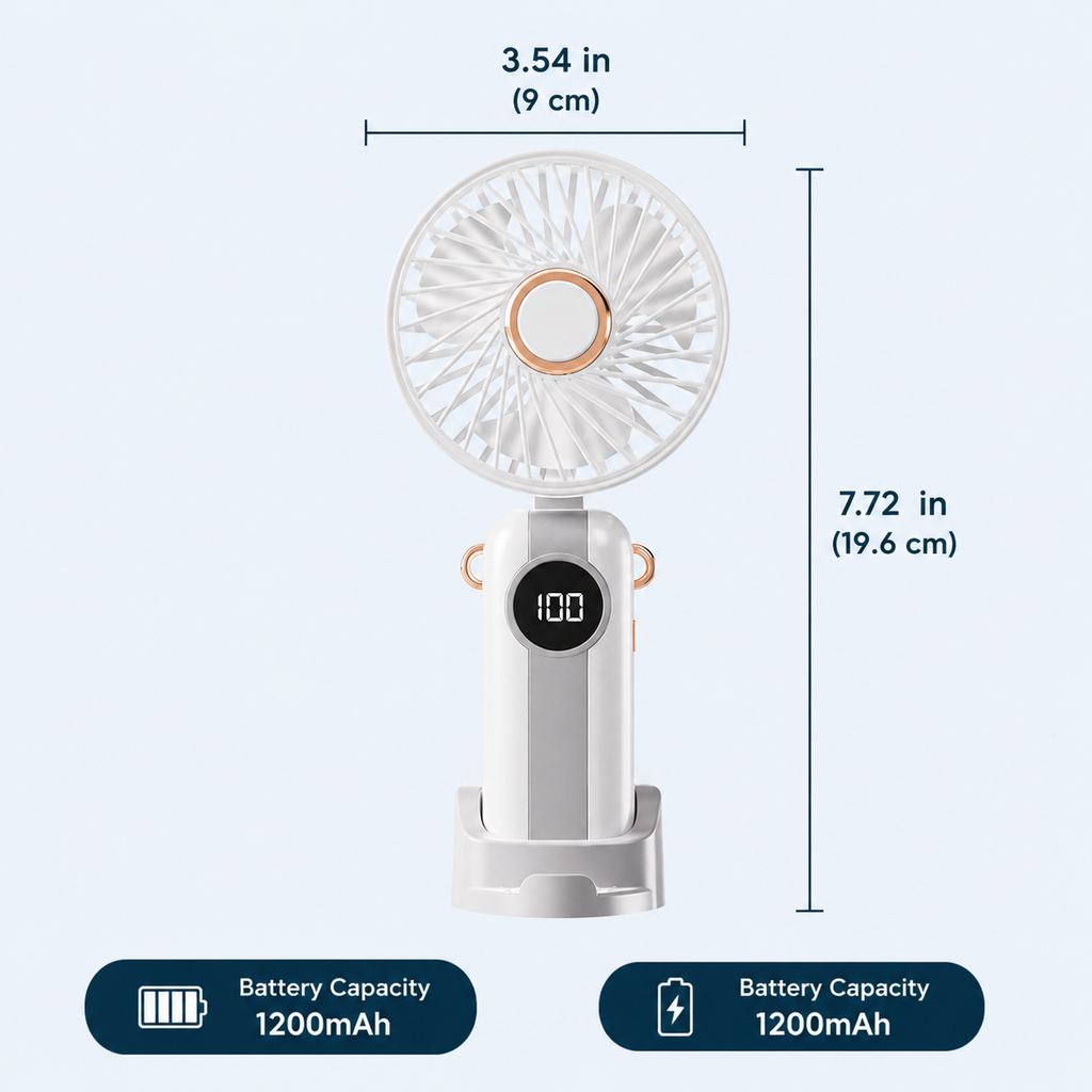 1200mAh Mini USB Rechargeable Fan with 5 Speeds & LED Display