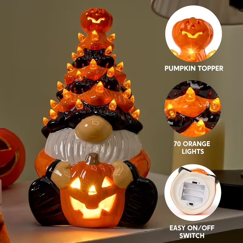 Lighted Halloween Resin Tree, Pumpkin Gnome Tabletop Decor