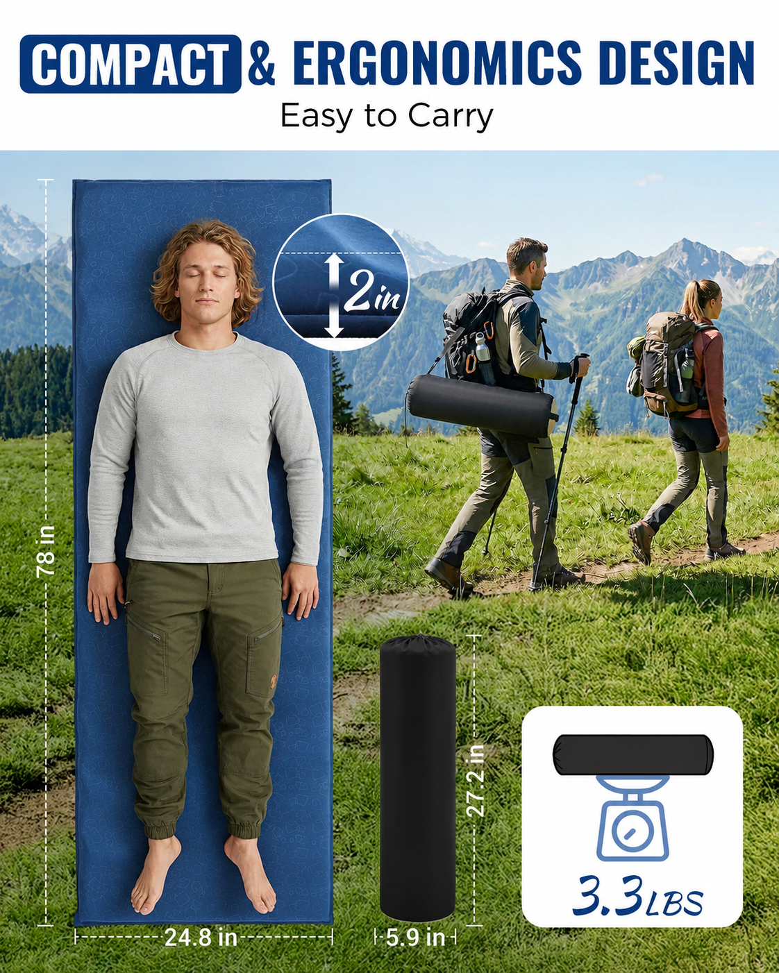 Self-Inflating Sleeping Pad with R-Value 4.2, Anti-Rollover Camping Mattress