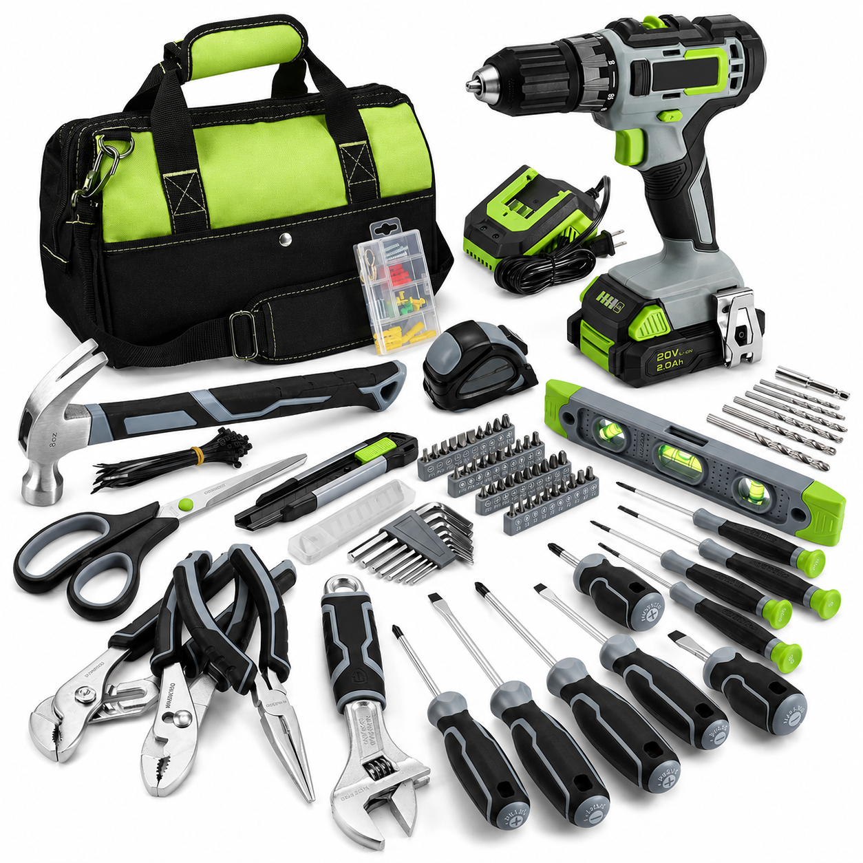 157 Pcs Household Tool Kit with 20V Cordless Lithium-ion Drill Driver
