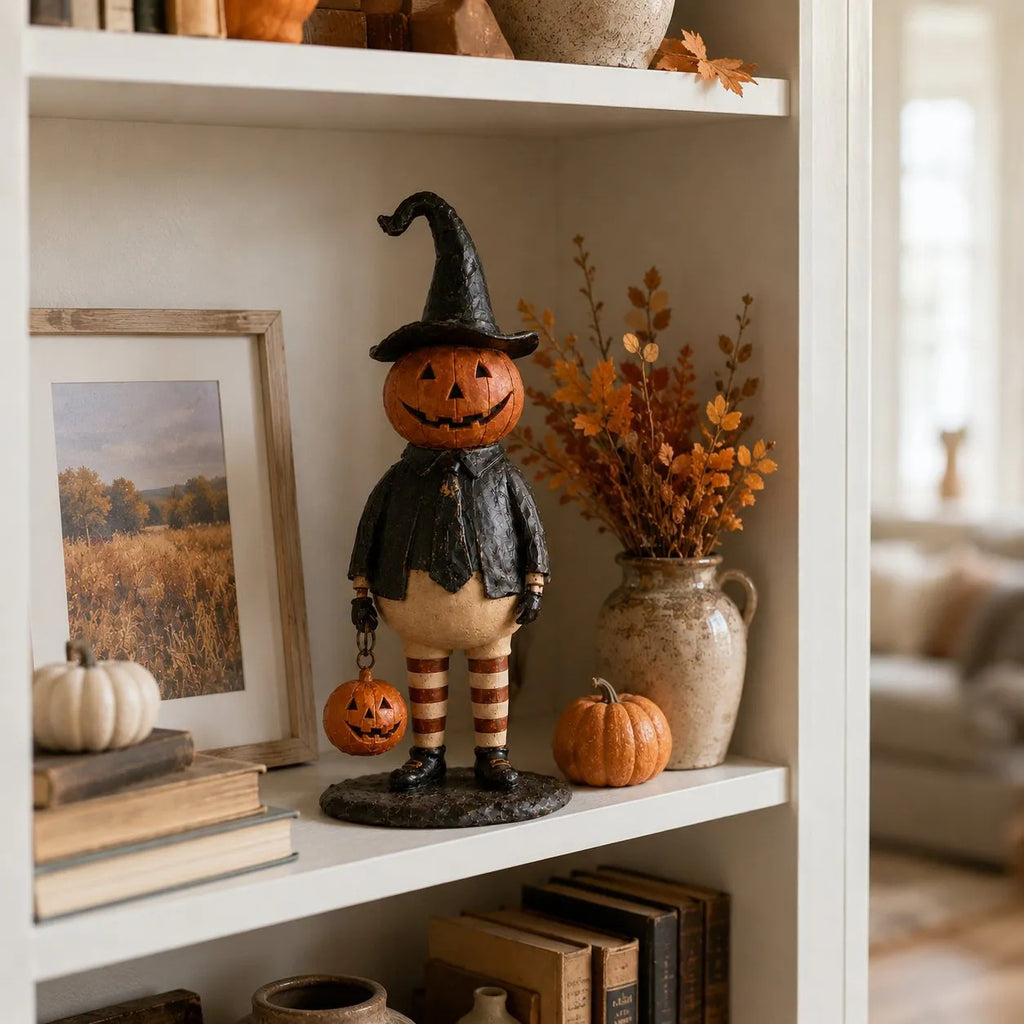 Halloween Figurine, Pumpkin Witch Lantern Statue for Tabletop Decor
