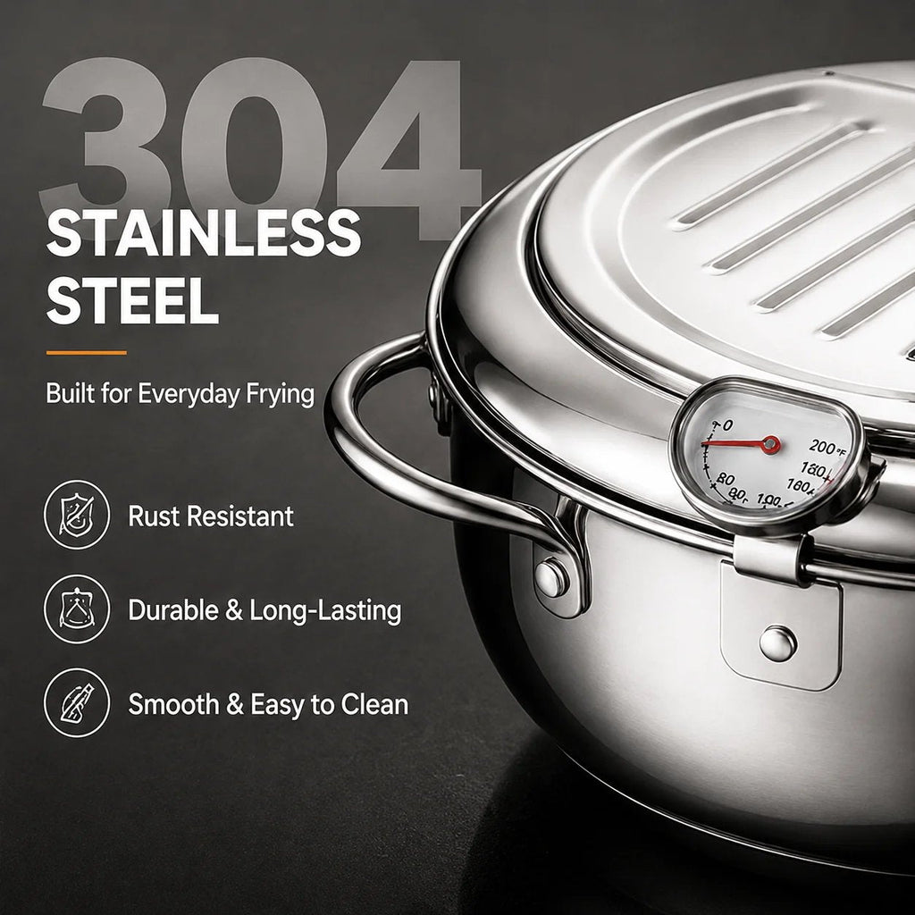 304 Stainless Steel Deep Fryer Pot with Thermometer & Drain Rack