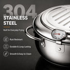 304 Stainless Steel Deep Fryer Pot with Thermometer & Drain Rack