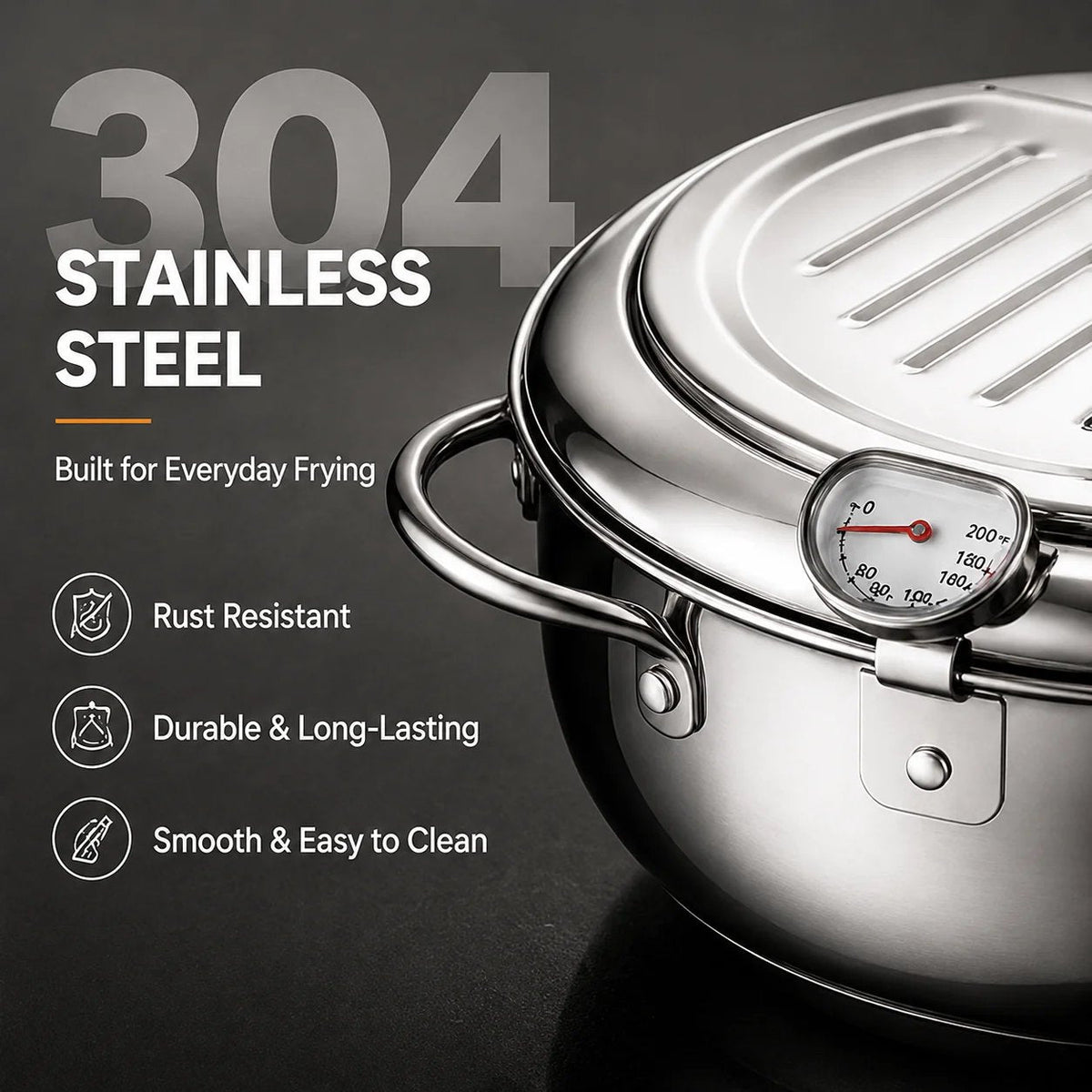 304 Stainless Steel Deep Fryer Pot with Thermometer & Drain Rack