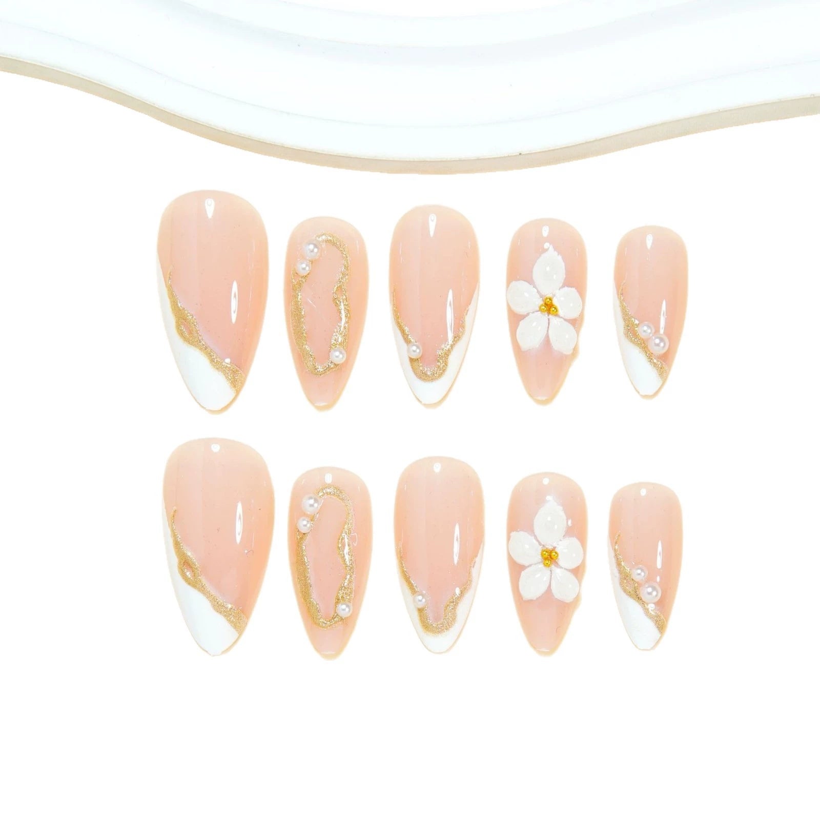 White French 3D Floral Gold Line Almond Press On Nails | 24 Count