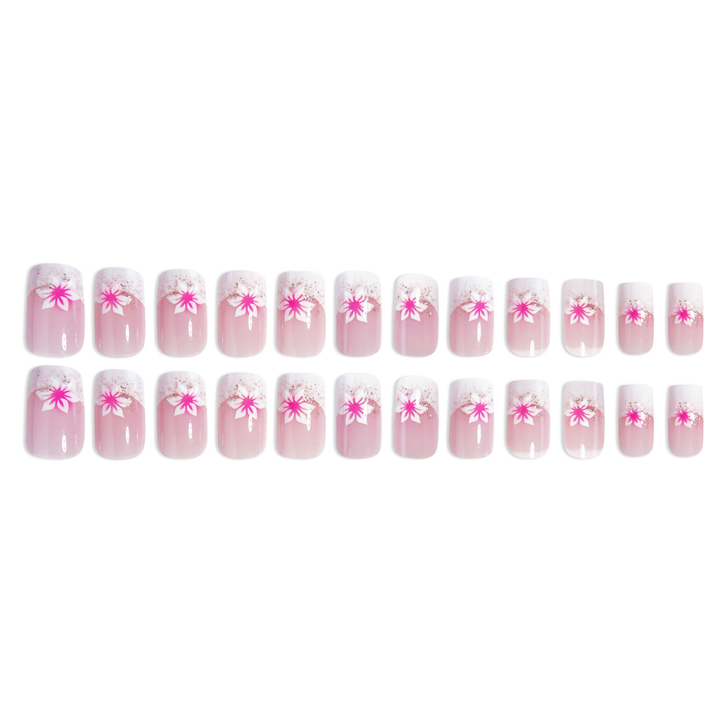 24-Piece Rose Pink Glitter Floral Square French Press-On Nails