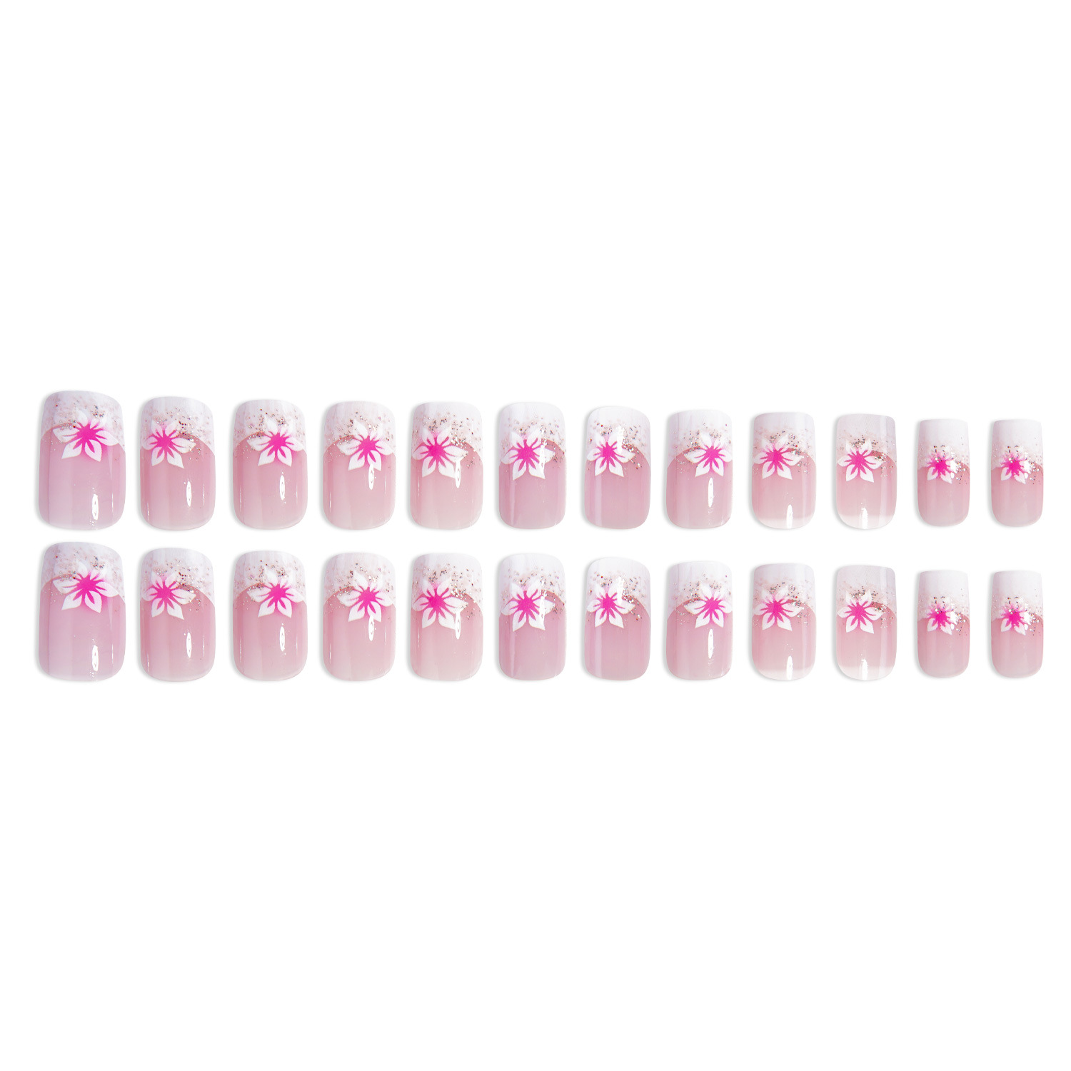 24-Piece Rose Pink Glitter Floral Square French Press-On Nails
