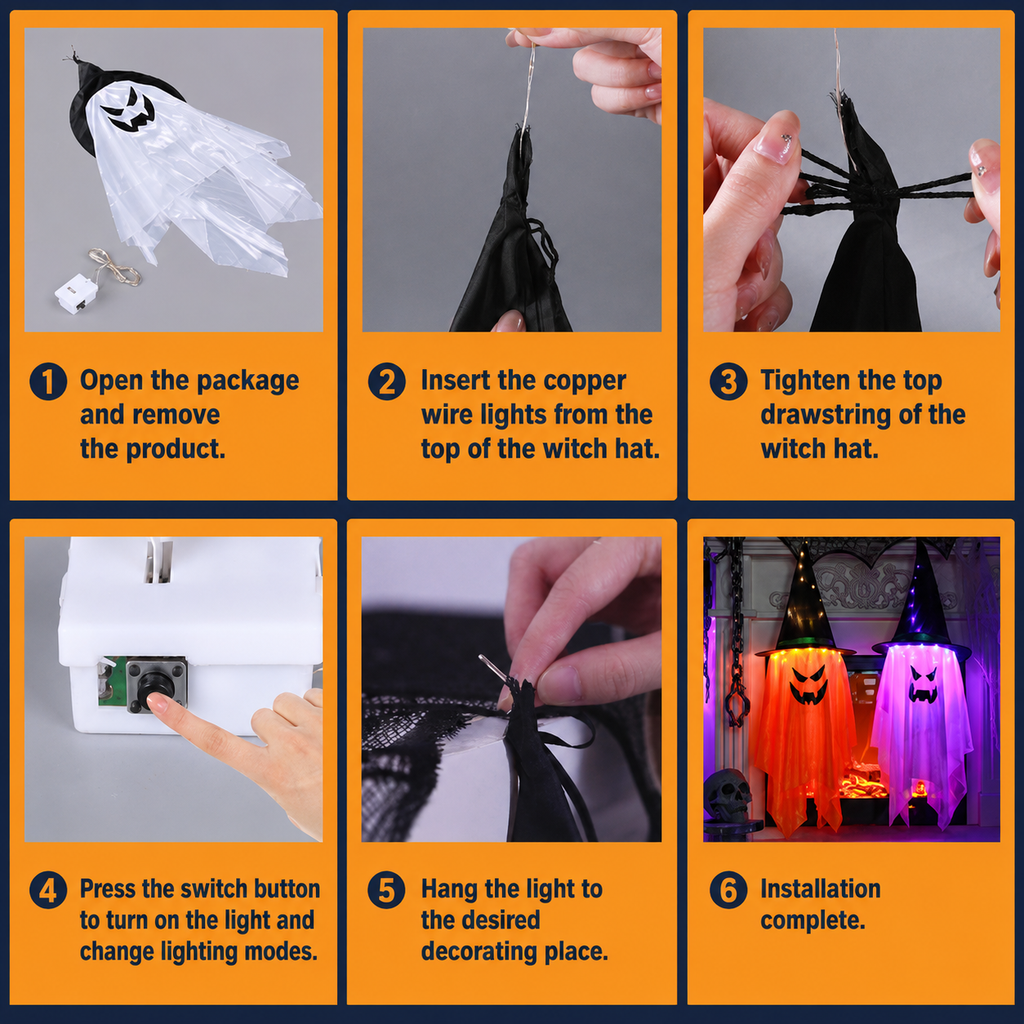 2-Pack Light Up Hanging Ghost Decorations with Witch Hats for Porch & Yard