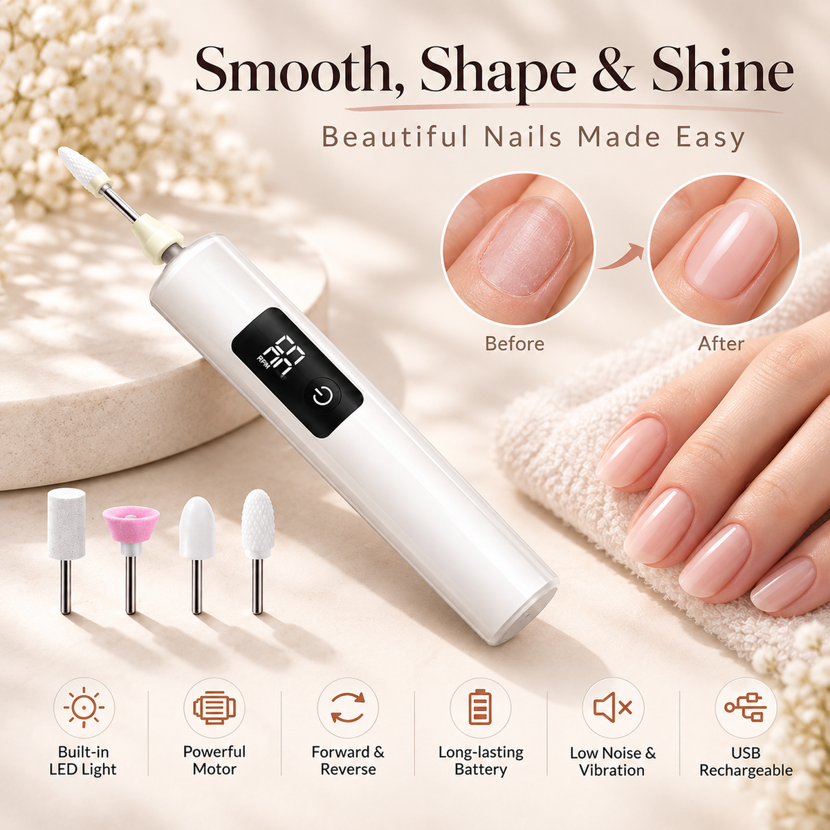 Electric Nail Grinder with LED Light for Thick & Hard Nails