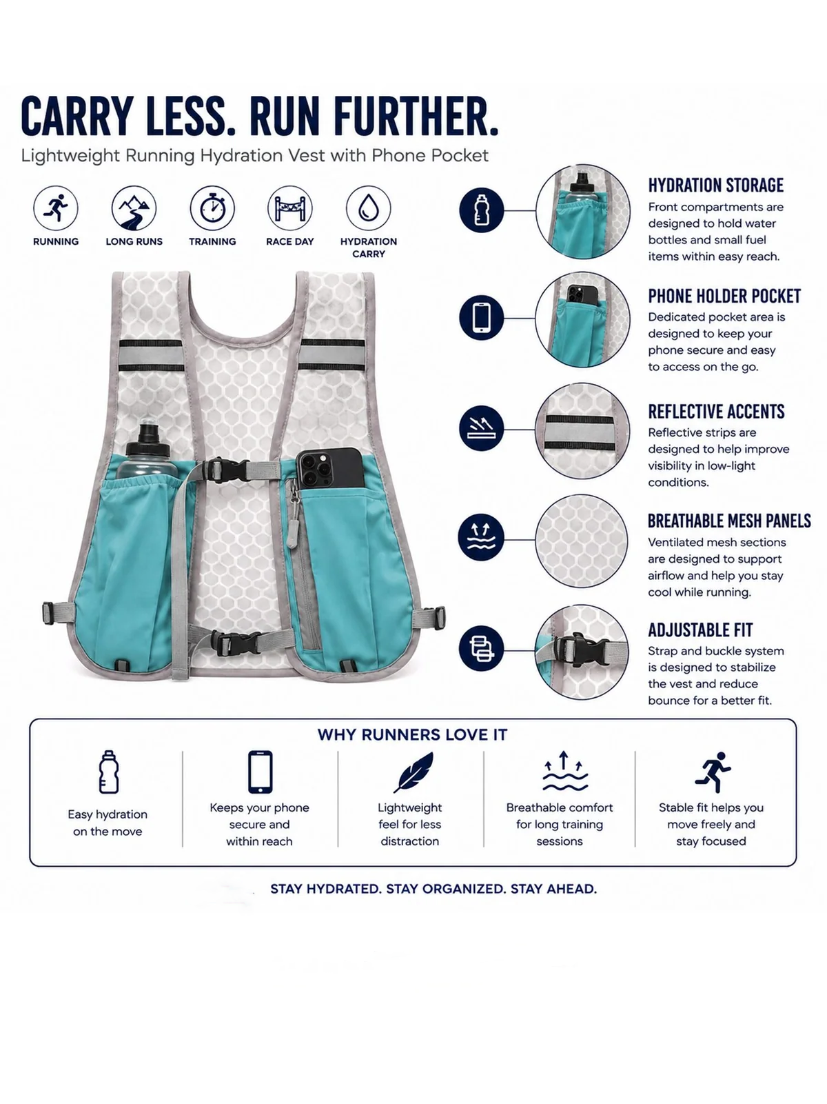 Lightweight Running Hydration Vest with Phone Pocket