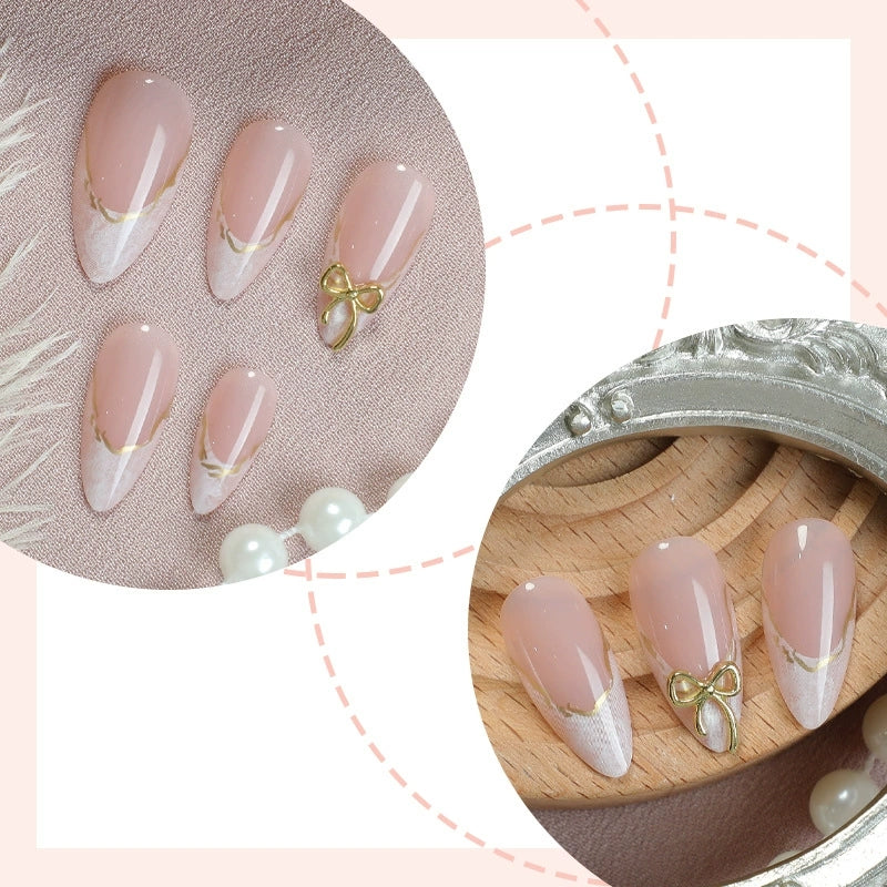 3D Gold Bow Marble French Short Almond Press-On Nails, 24-Pc Kit