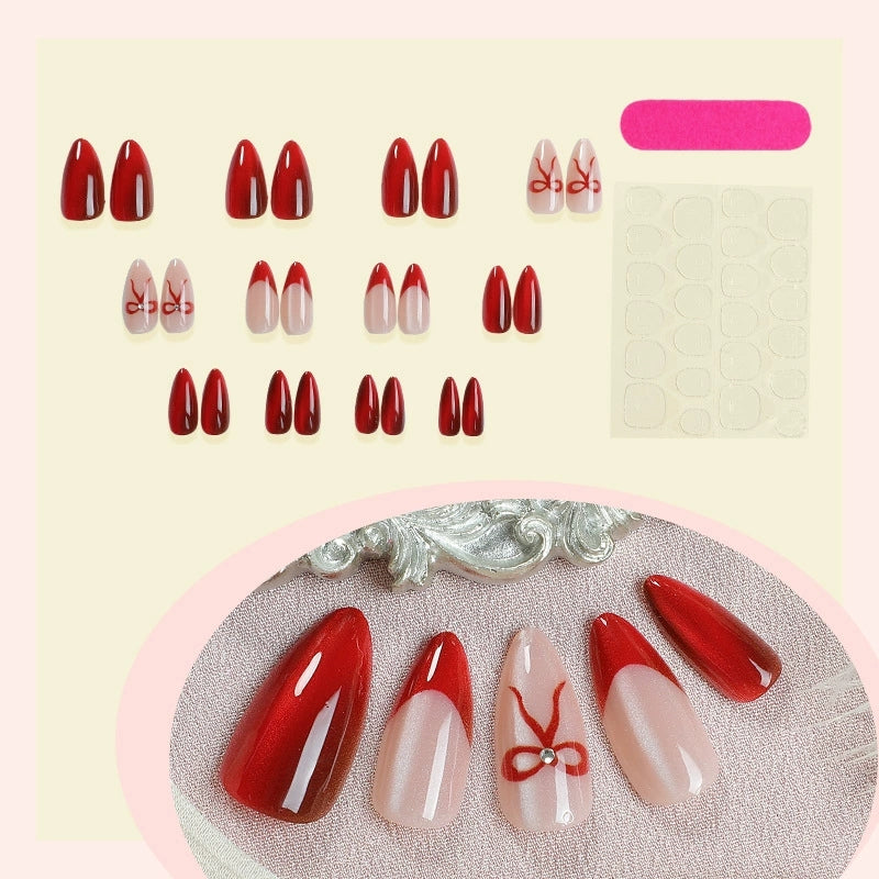 Red Cat Eye Press-On Nails – Short Almond French Tip Bow Design, 24PCS