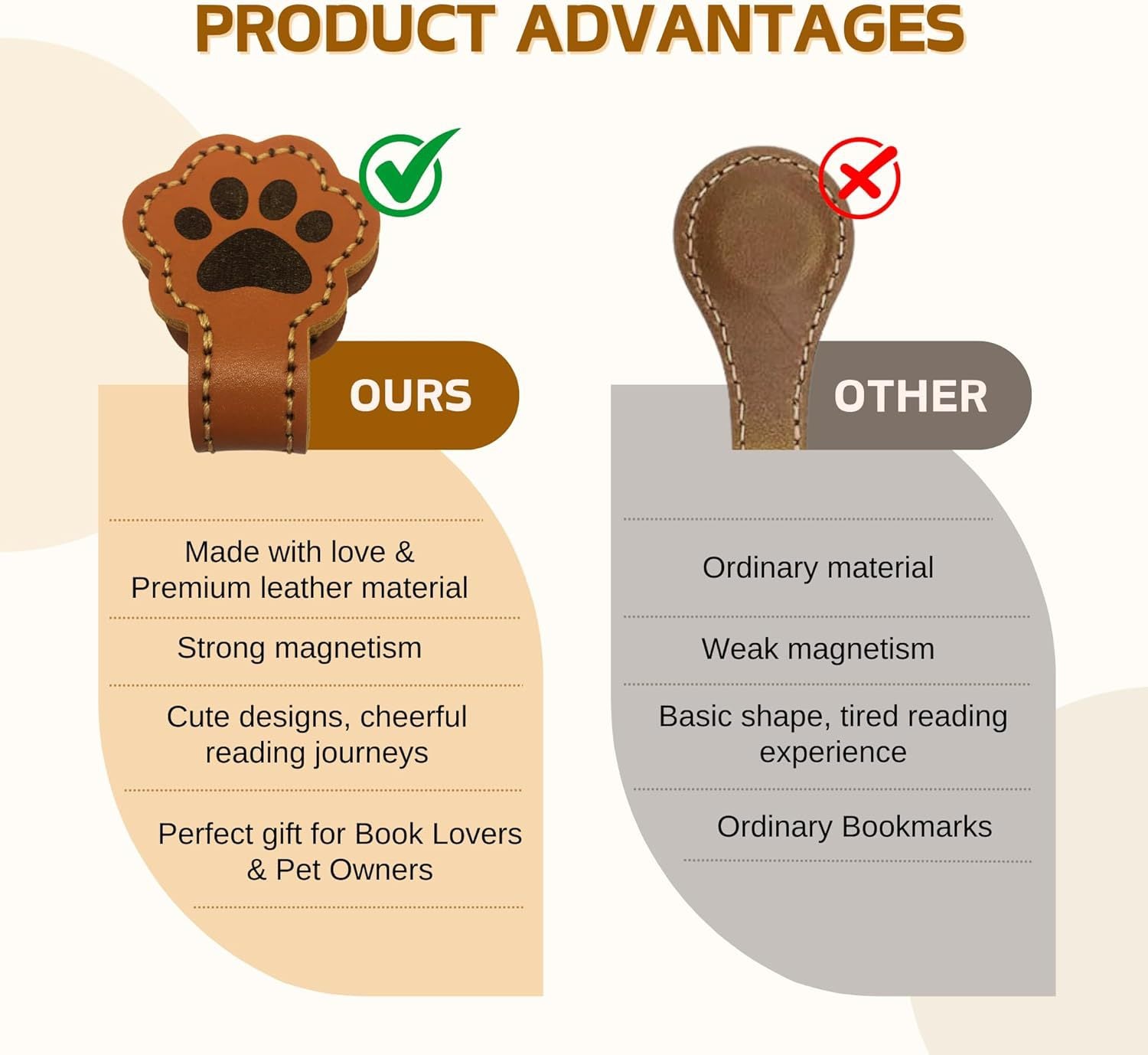 3 Pack Leather Magnetic Bookmark Clips Cat and Dog Paw Design