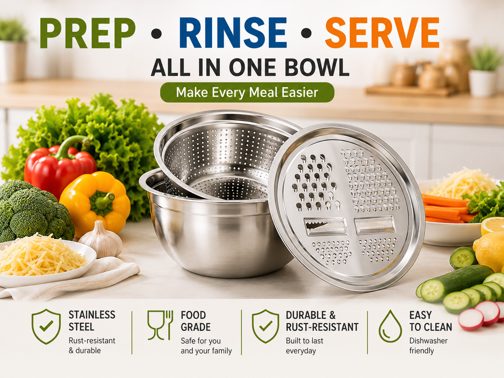 3-in-1 Stainless Steel Grater Bowl with Colander