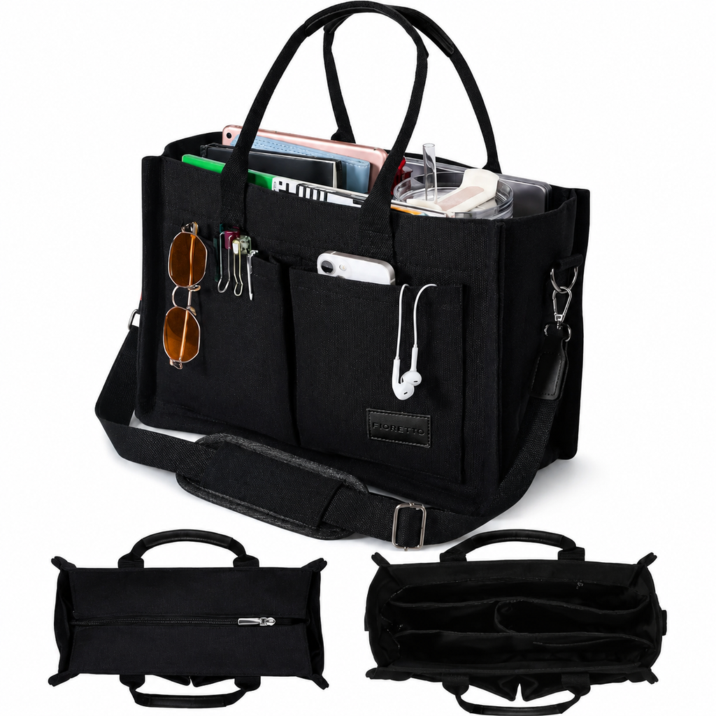 Canvas Tote Bag – Work & College Organizer Handbag with Zipper & Compartments
